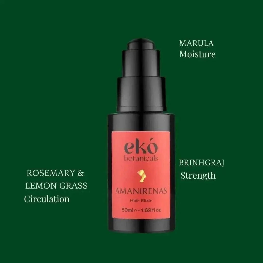 Amanirenas hair growth oil bottle with lemongrass and natural ingredients